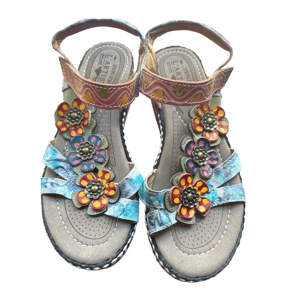 L'Artiste by Spring Step Floral Leather Comfort Sandals 39 NWOT Boho Platform